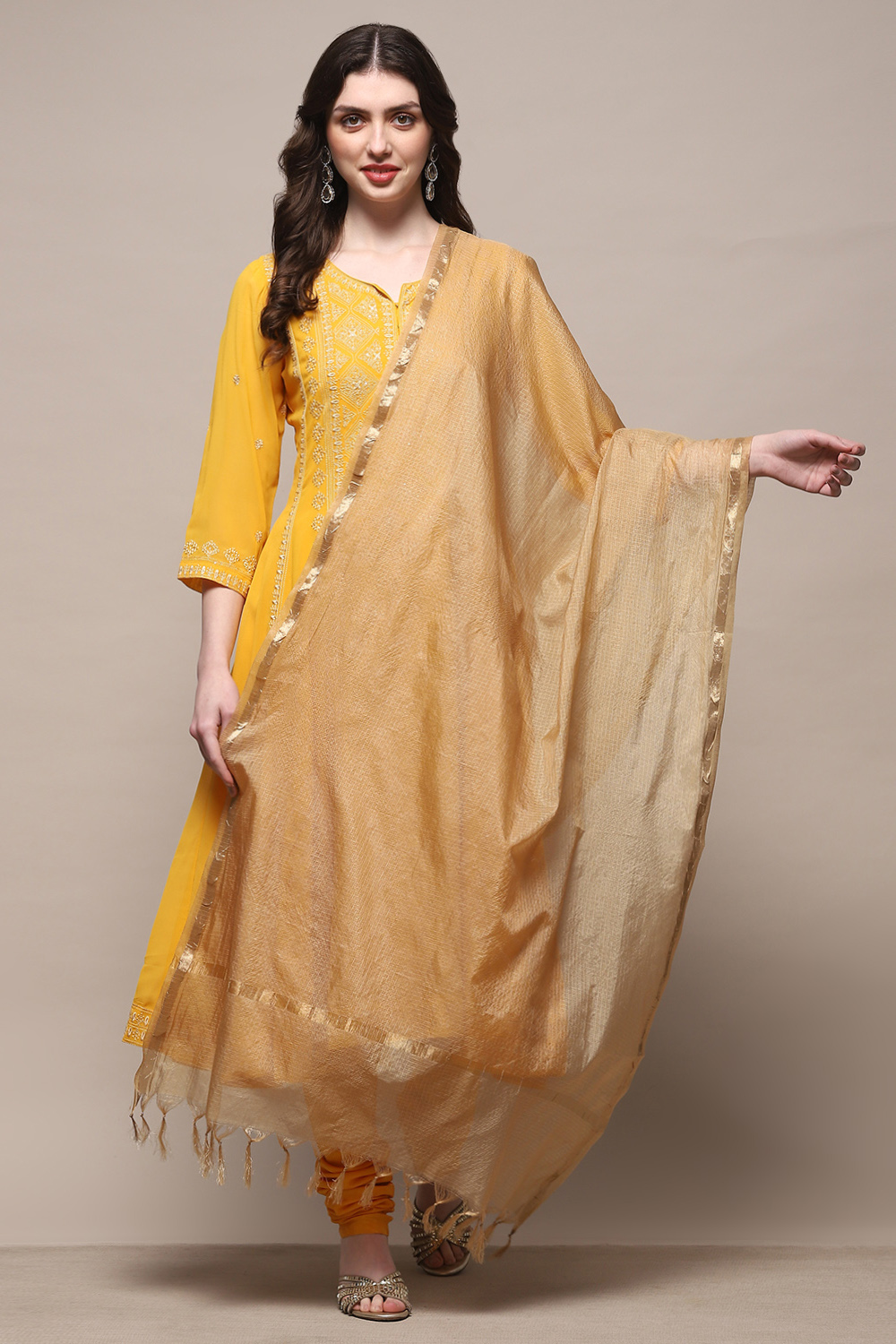 Beige Yard-Dyed Dupatta with Tassels image number 0