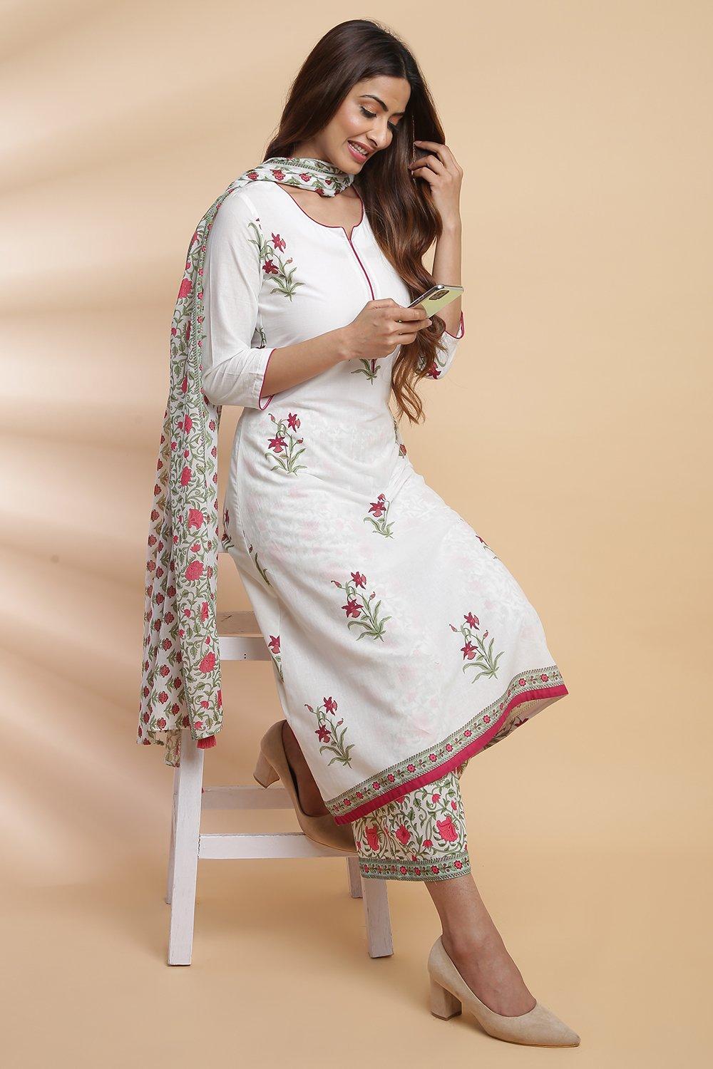 White Cotton A-Line Kurta Palazzo Suit Set image number 7