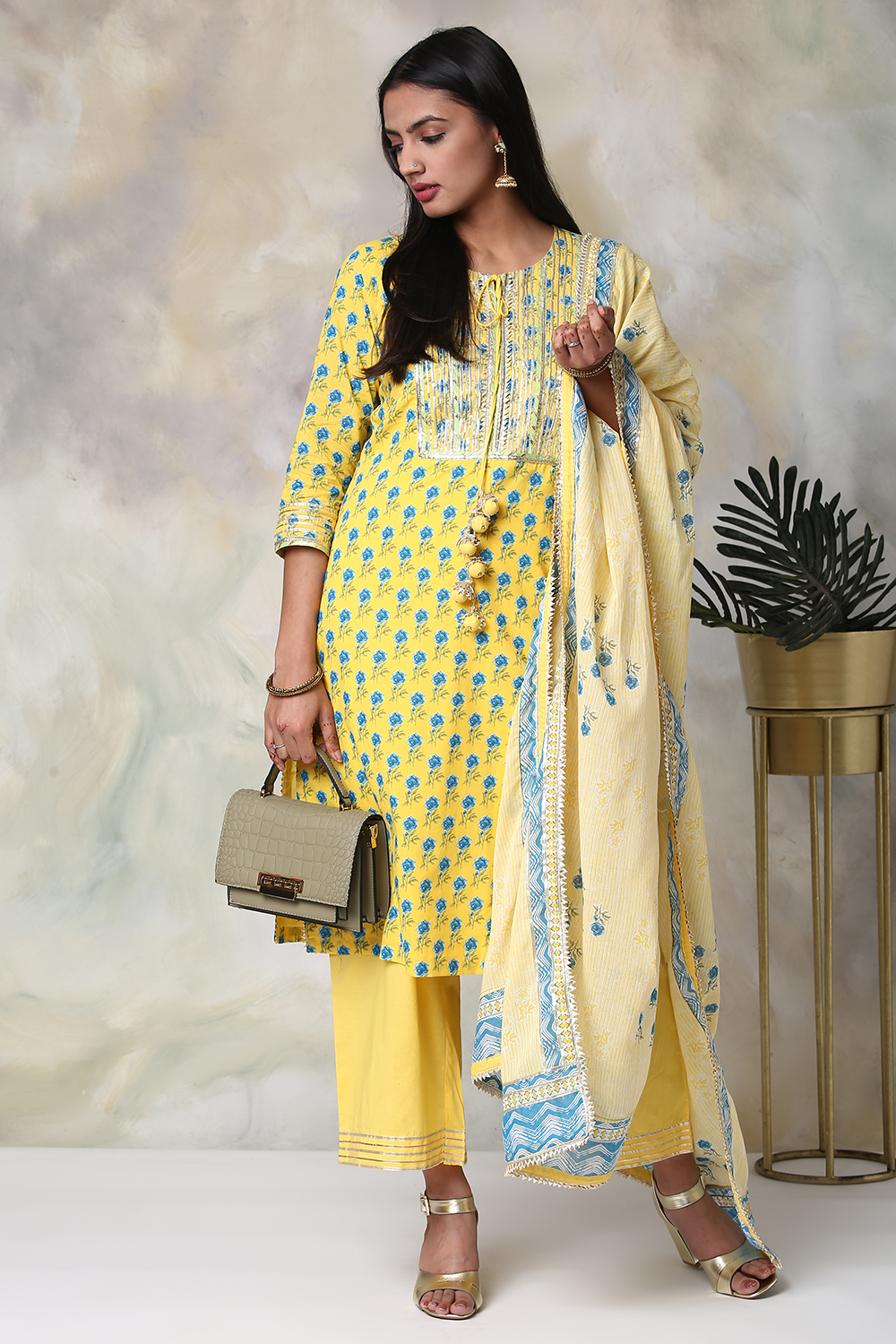 Yellow Cotton Straight Kurta Palazzo Suit Set image number 5