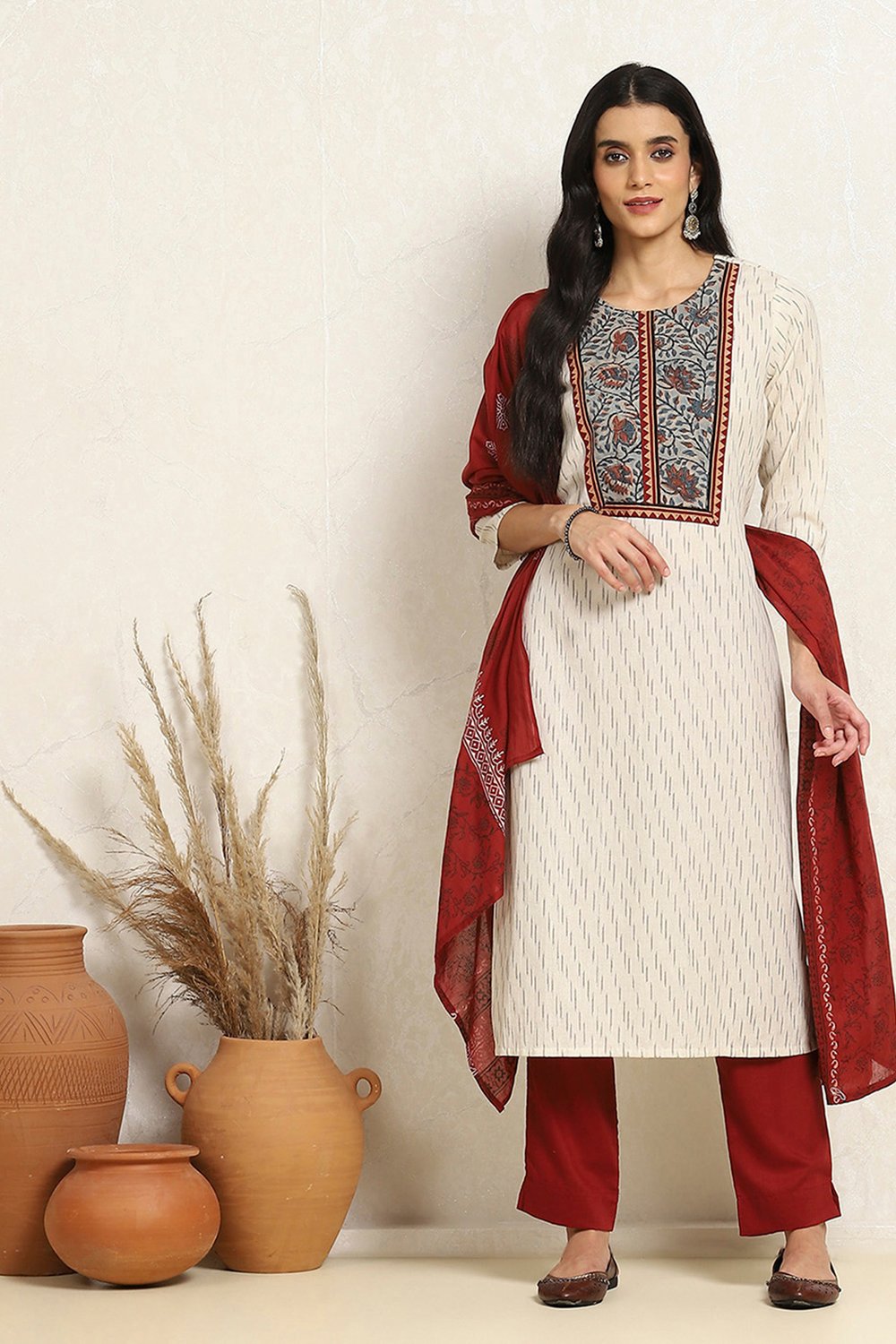 Off-white and Maroon Cotton Printed Unstitched Suit Set image number 1