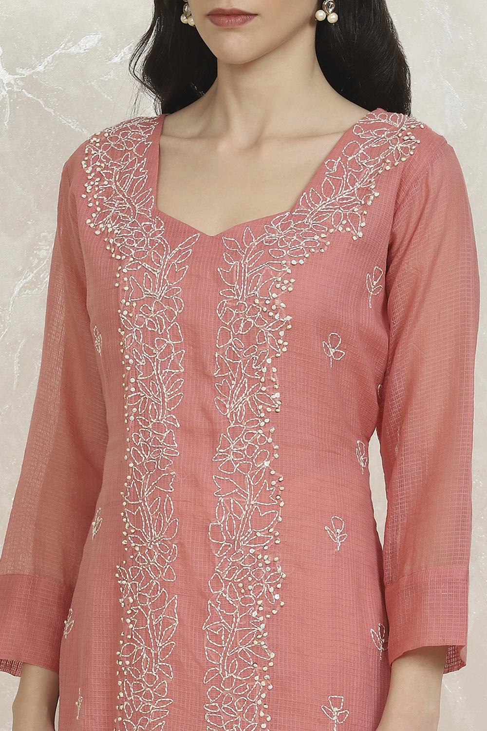 Peach Cotton Hand Embroidered Unstitched Suit Set image number 2