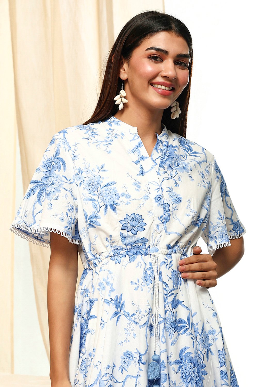 White and Blue Cotton Floral Flared Dress image number 1