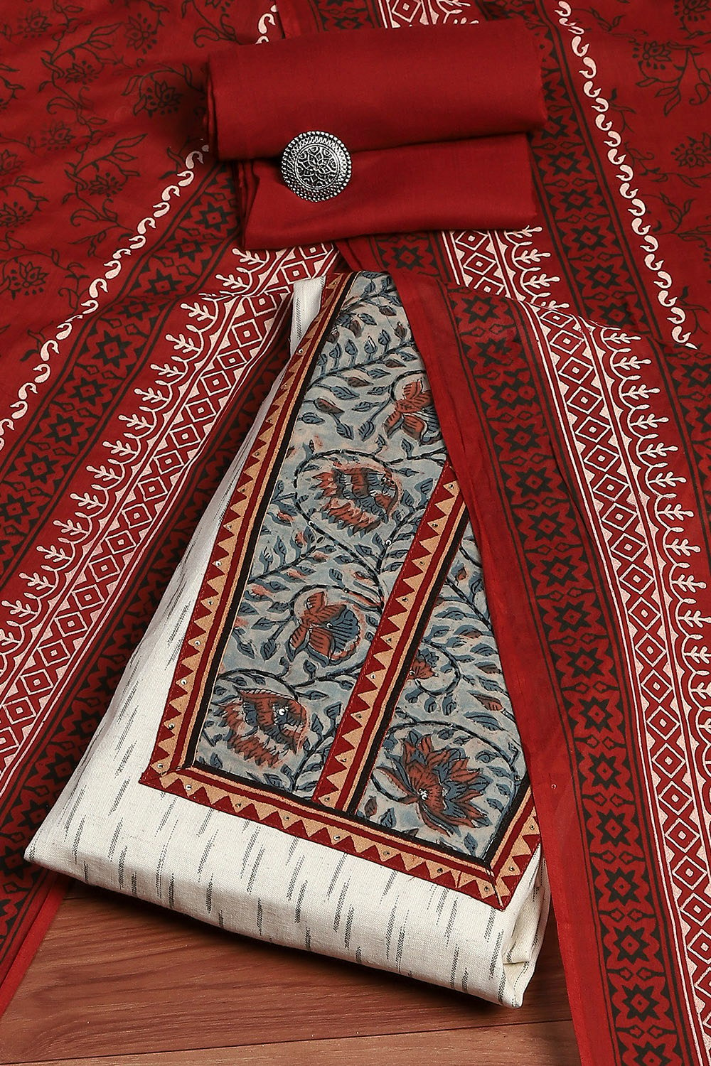 Off-white and Maroon Cotton Printed Unstitched Suit Set image number 0