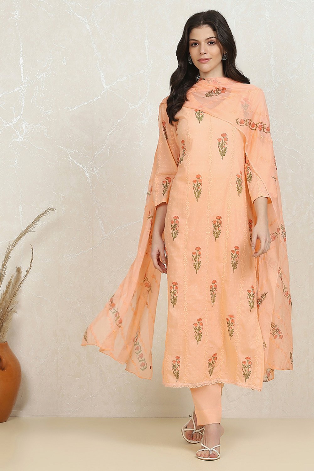 Peach Cotton Hand Block Print Unstitched Suit Set image number 7