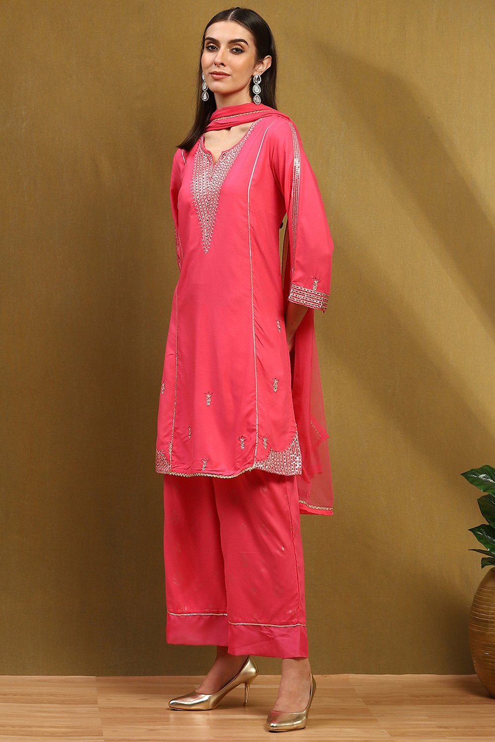 Pink Rayon Straight Suit Set image number 3