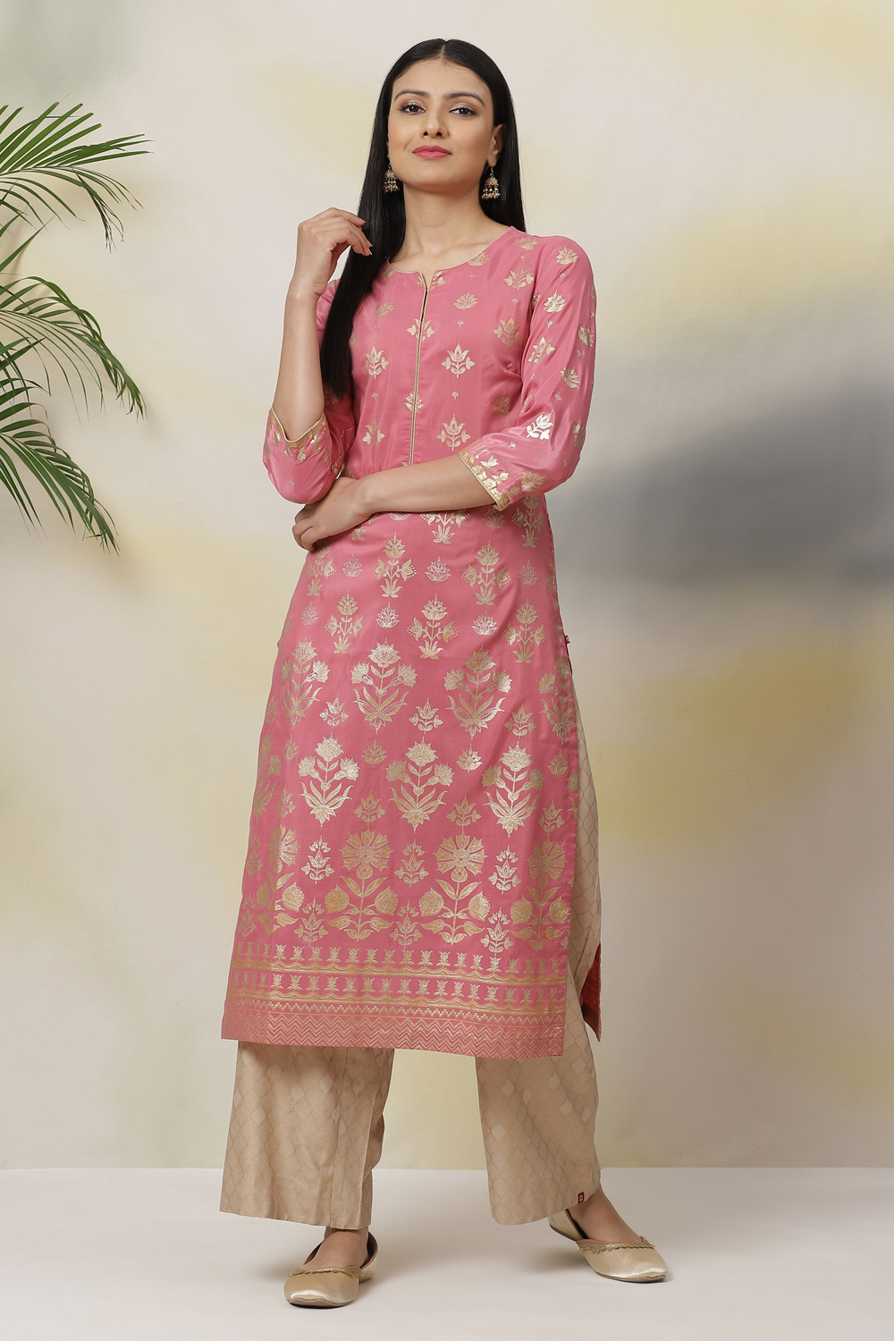 Old Rose Art Silk Straight Printed Kurta image number 0