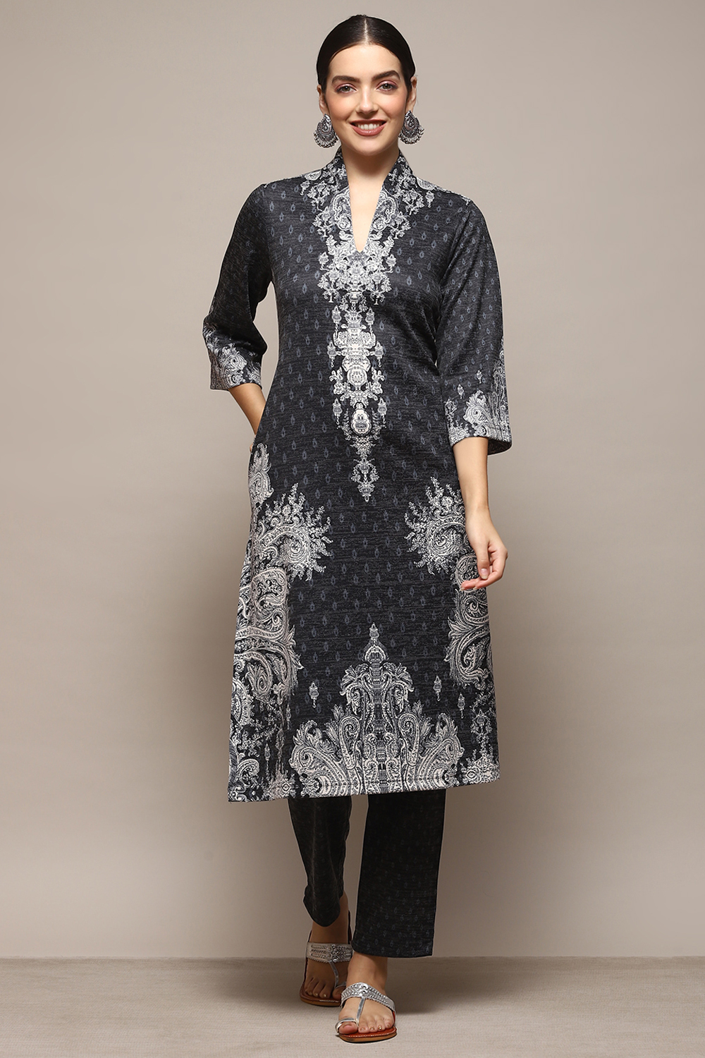 Charcoal Cotton Blend Printed Straight 2 Piece Set