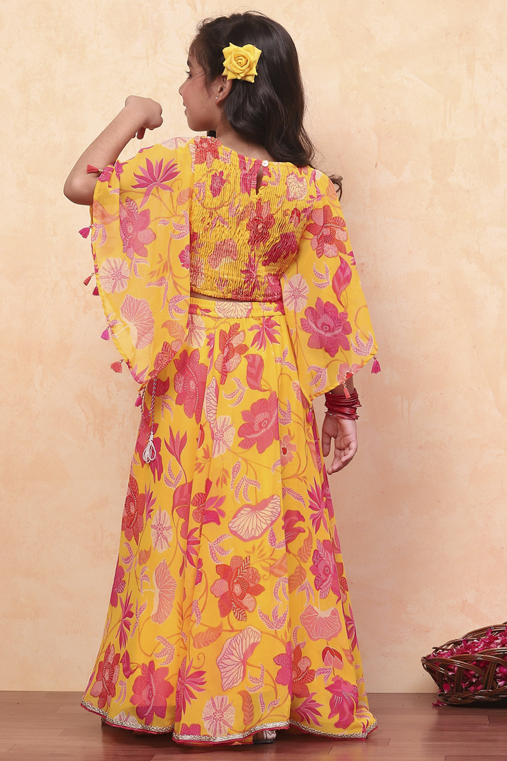 Yellow and Pink Georgette Floral Flared Lehenga Set image number 4