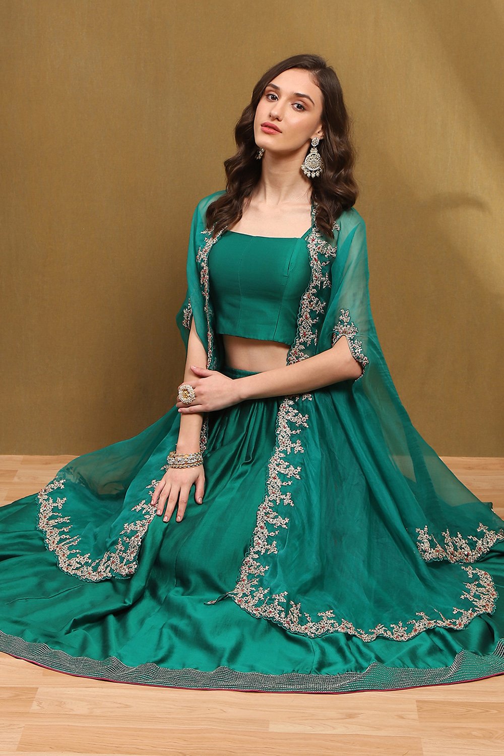 Green Silk Chanderi Festive Flared Lehenga Set image number 0