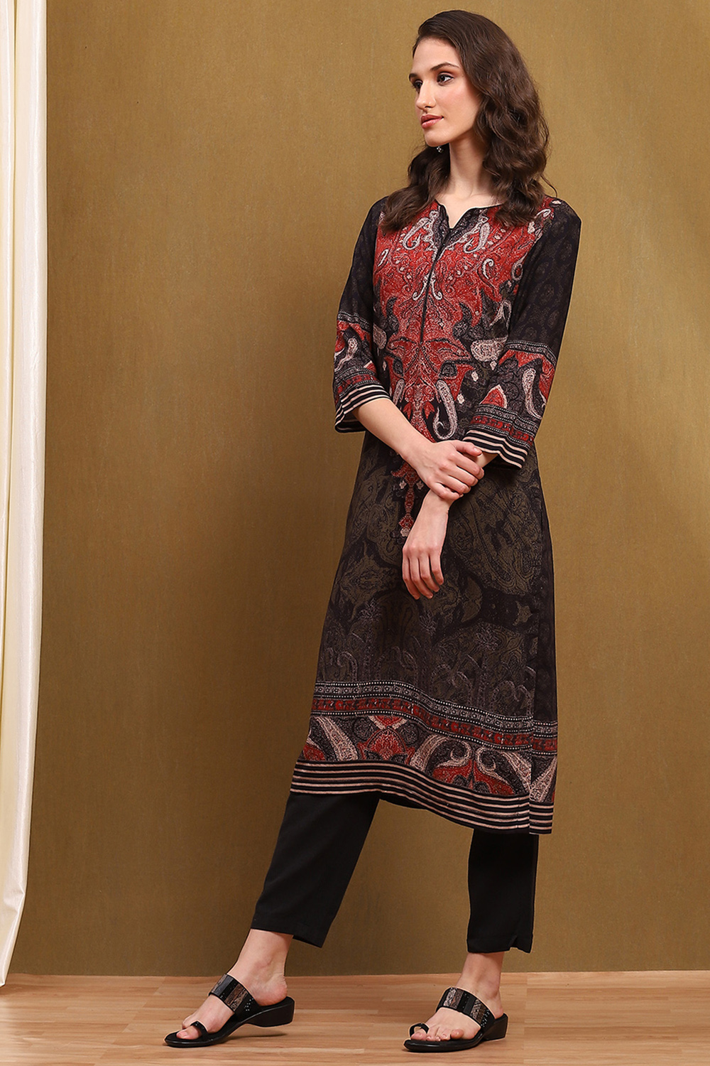 Black Hand-Block Printed Straight Kurta image number 2