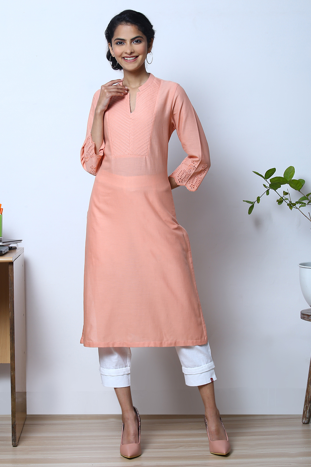 Peach Cotton Flax Kurta image number 0