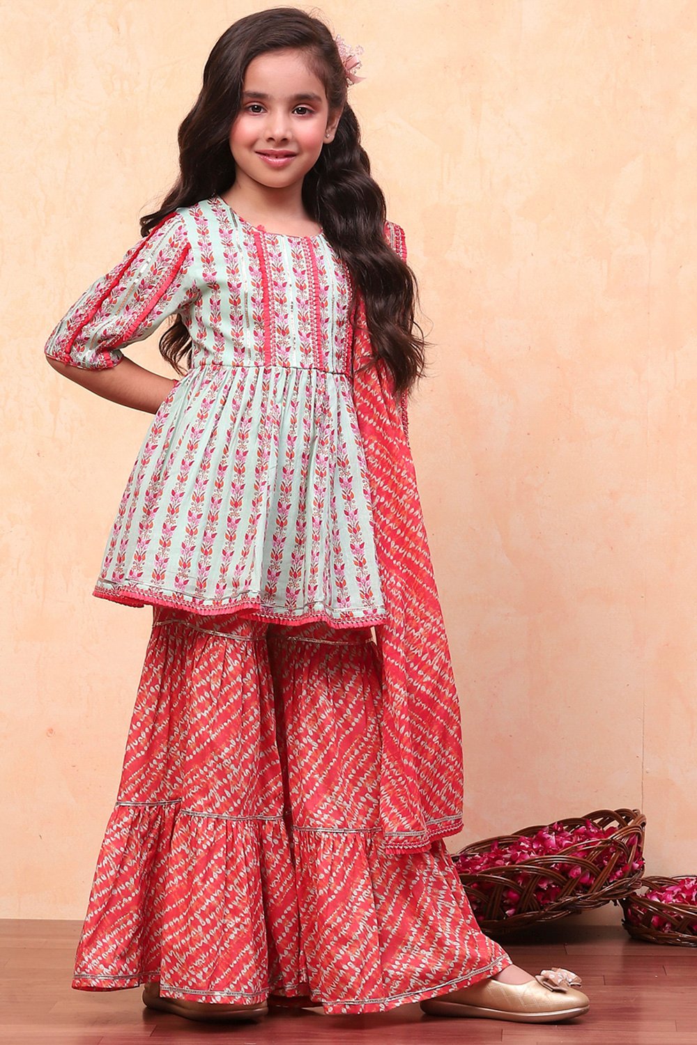 Aqua and Coral Pure Cotton Printed Peplum Suit Set image number 6