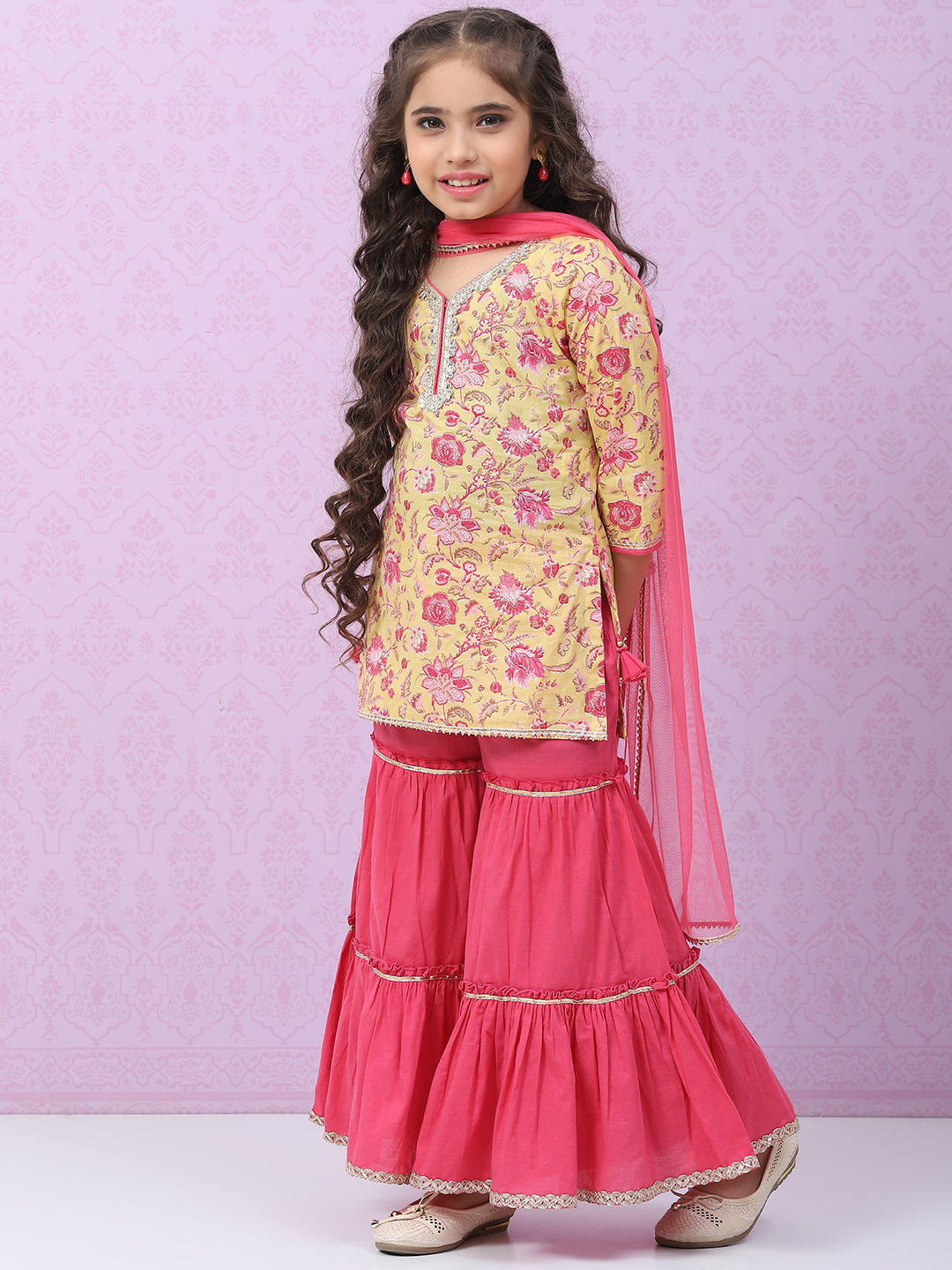 Yellow & Pink Cotton Lehenga Set image number 5