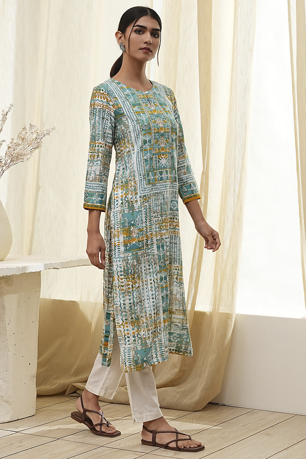 Teal Printed Straight Kurta image number 4