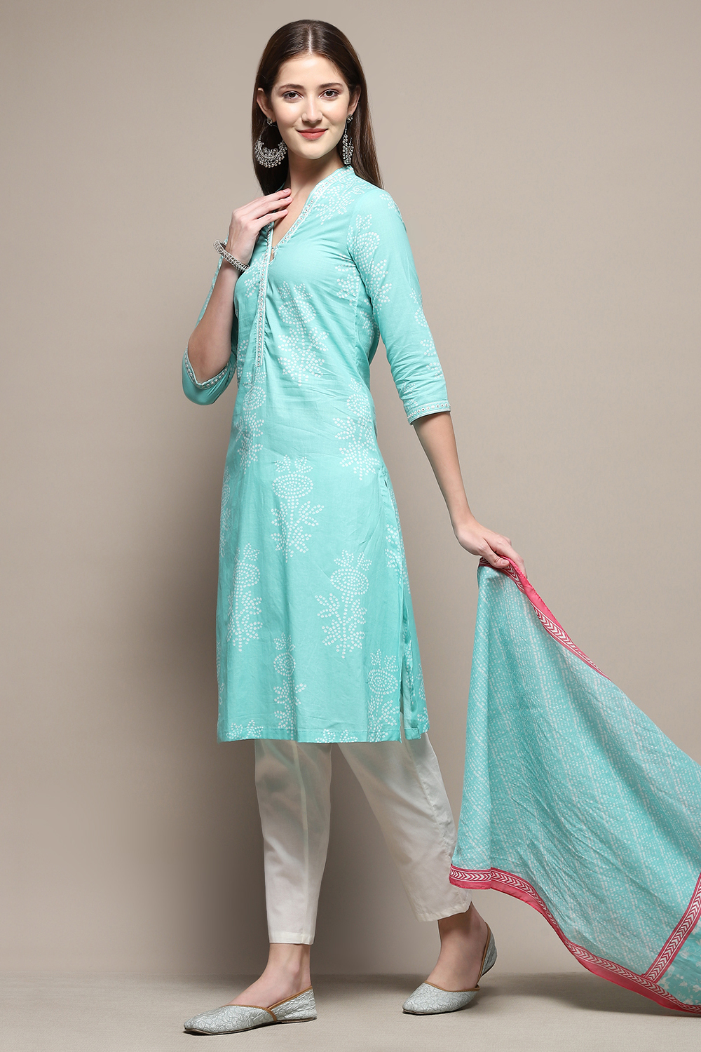 Turquoise Cotton Straight Kurta Palazzo Suit Set image number 0