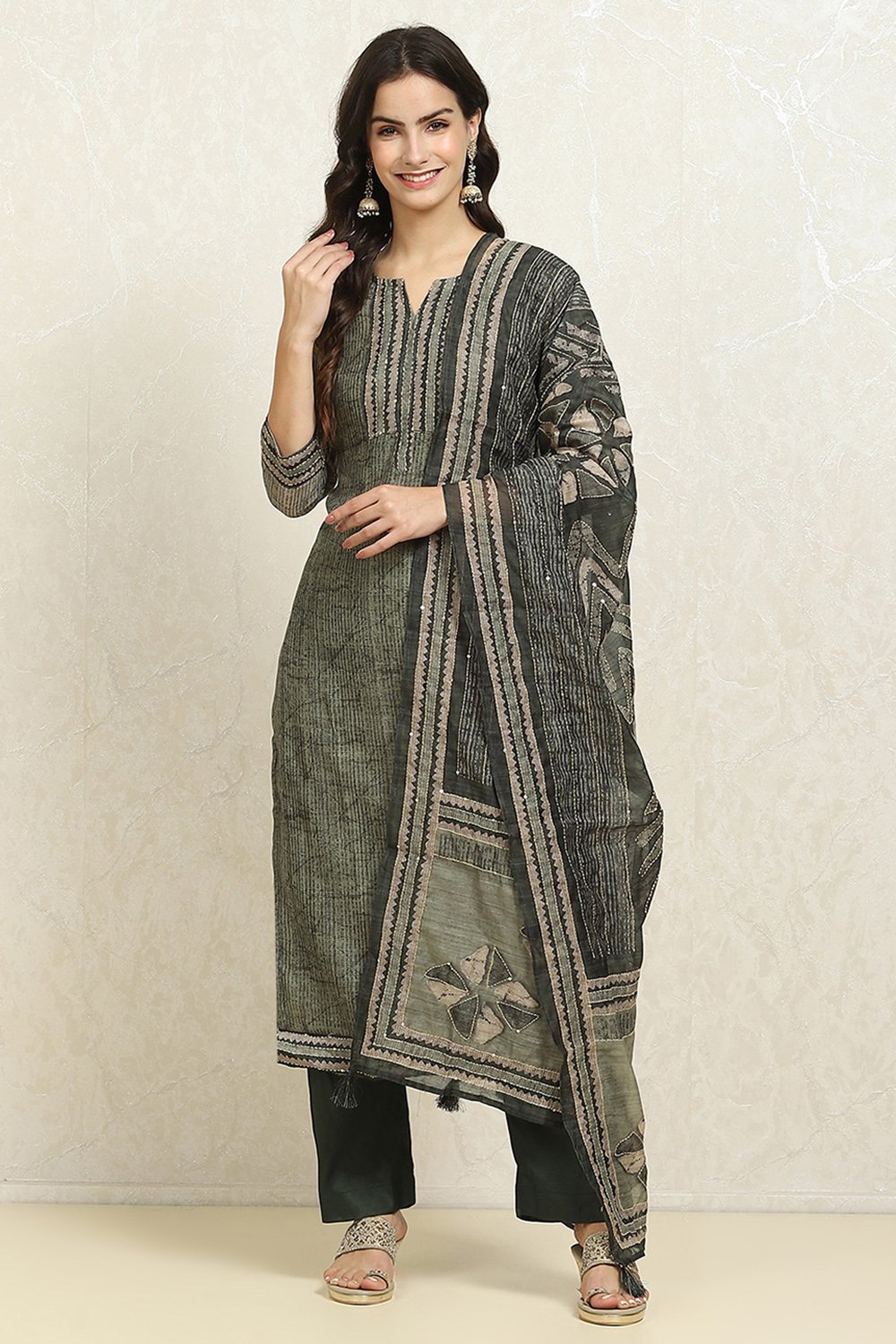 Grey Chanderi Blend Hand Embroidered Unstitched Suit Set image number 1