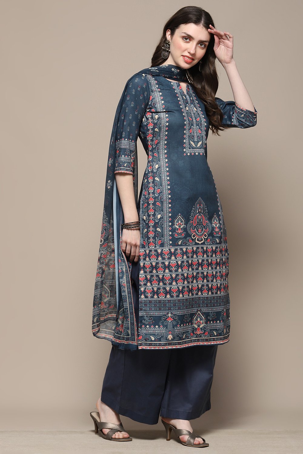 Blue Cotton Blend Digital Print Unstitched Suit Set image number 7