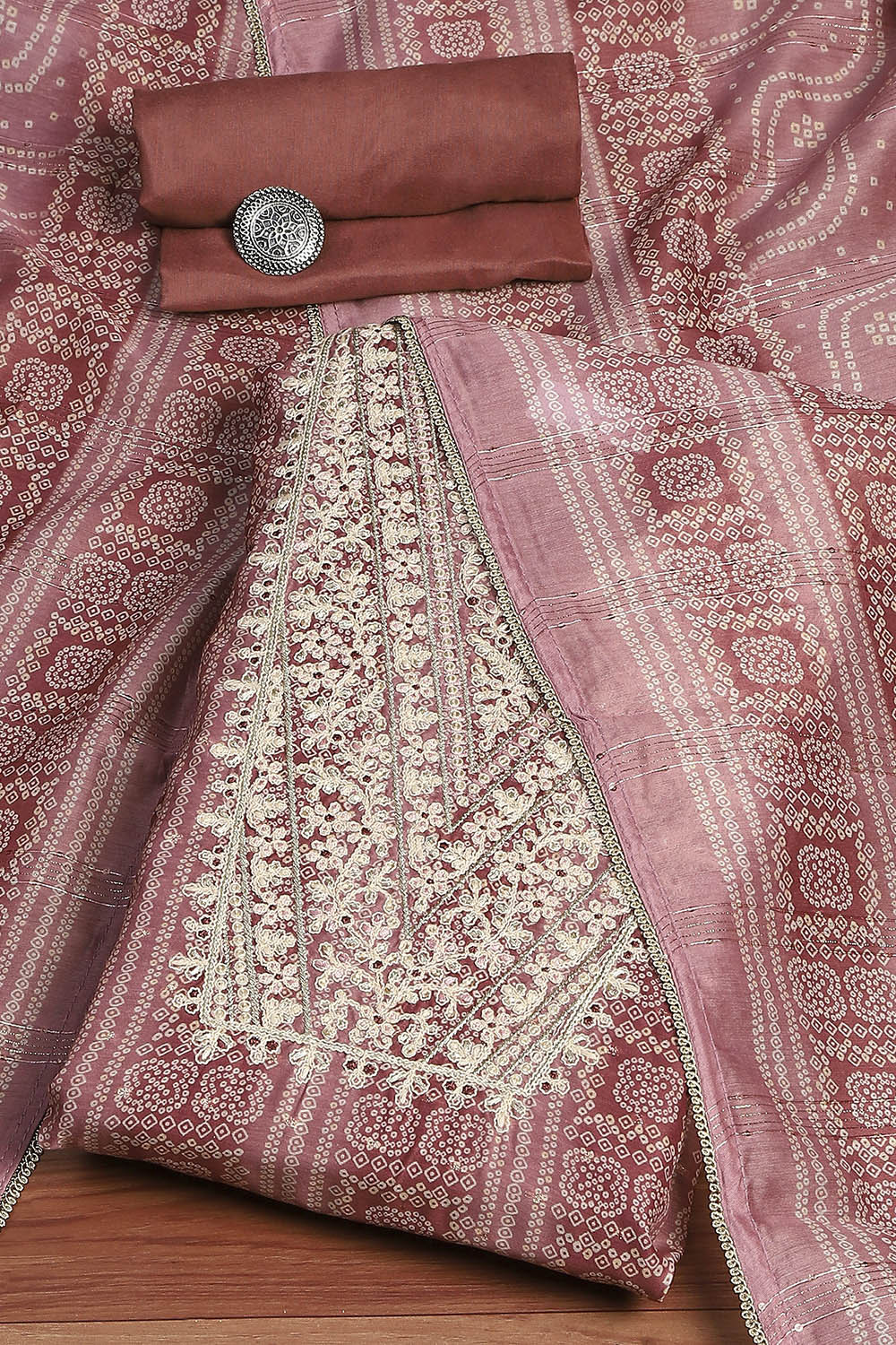 Pink Chanderi Bandhani Printed Unstitched Suit Set image number 0