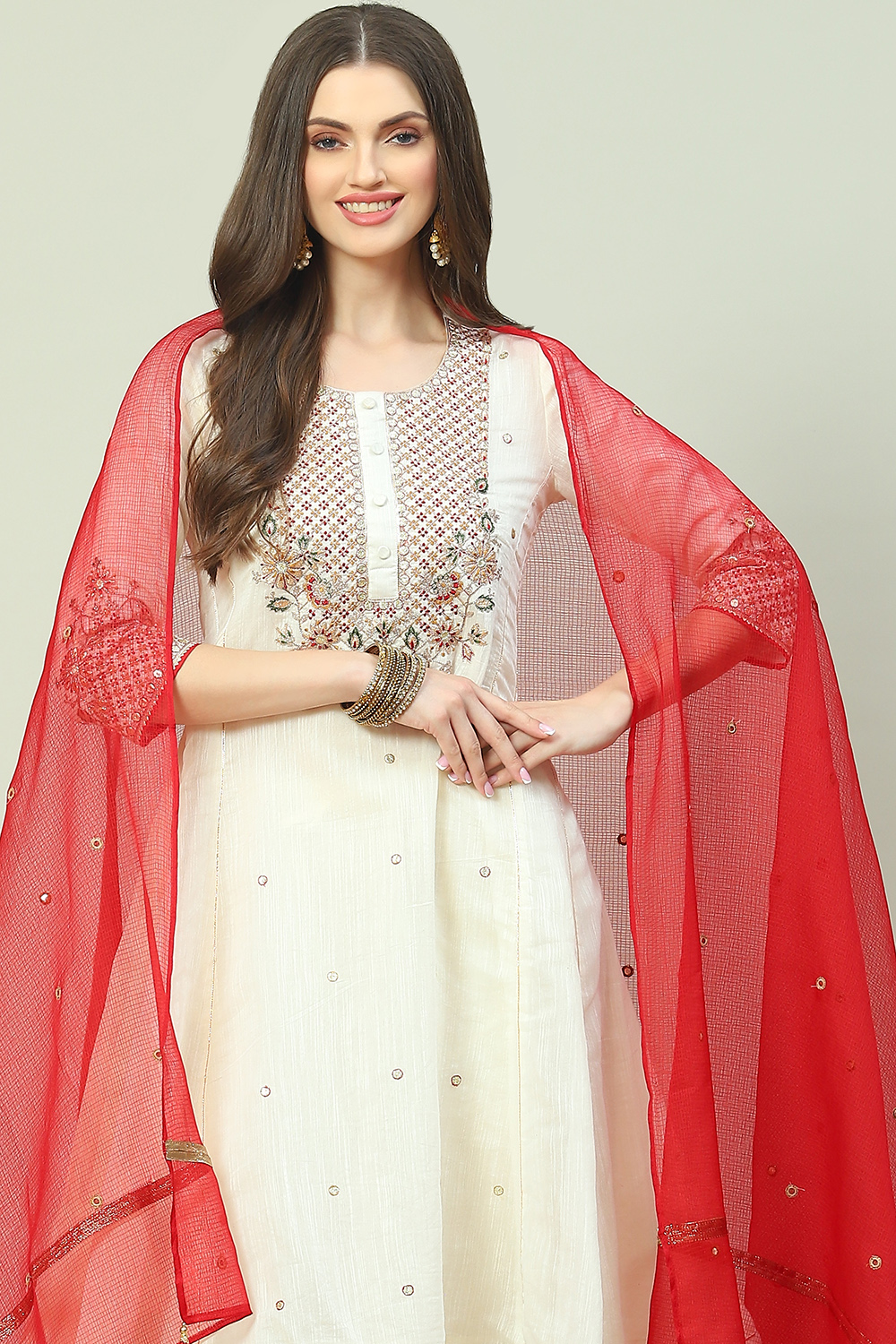 Off White Art Silk Anarkali Kurta Churidar Suit Set image number 2