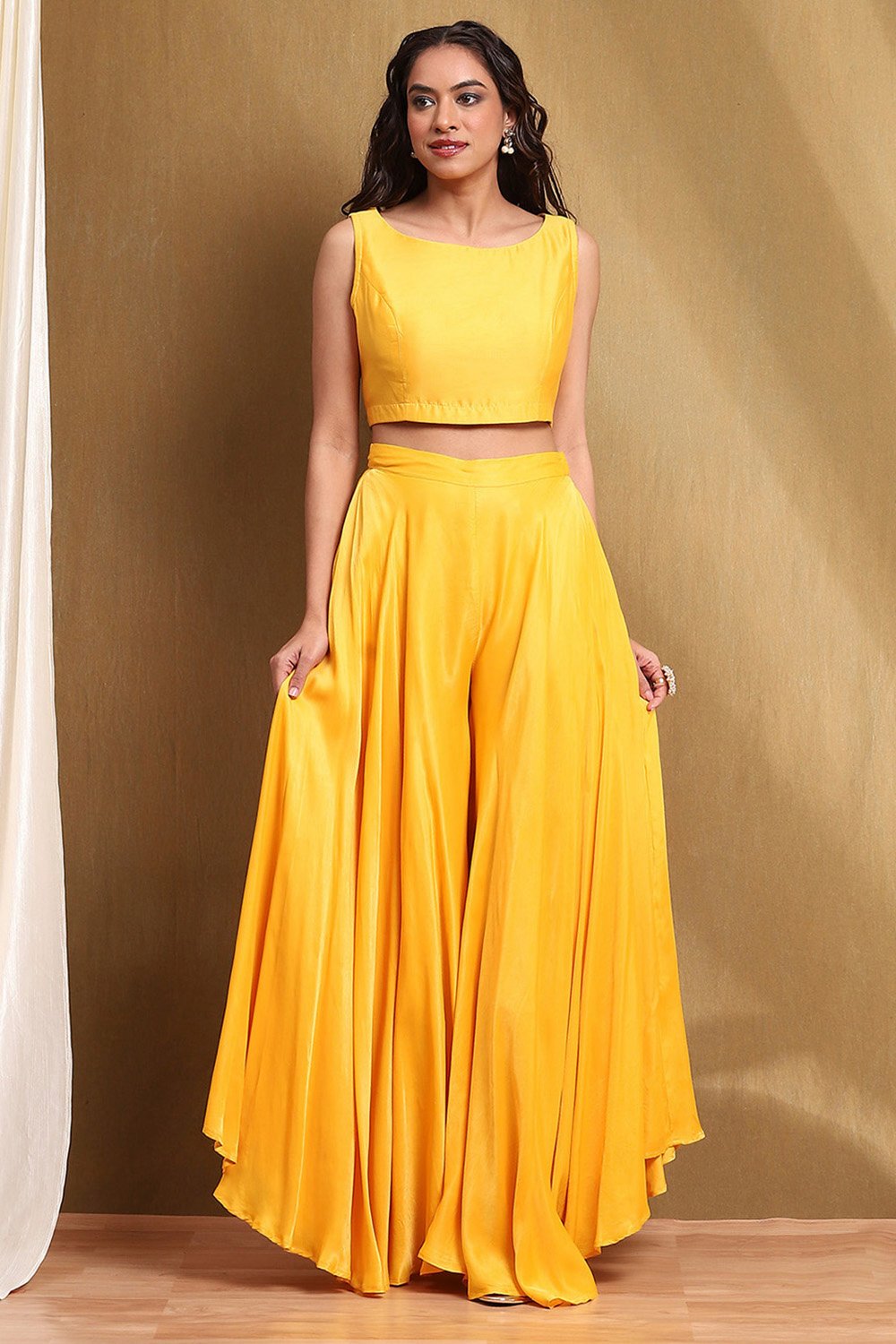 Yellow Viscose Blend Asymmetric Set image number 6