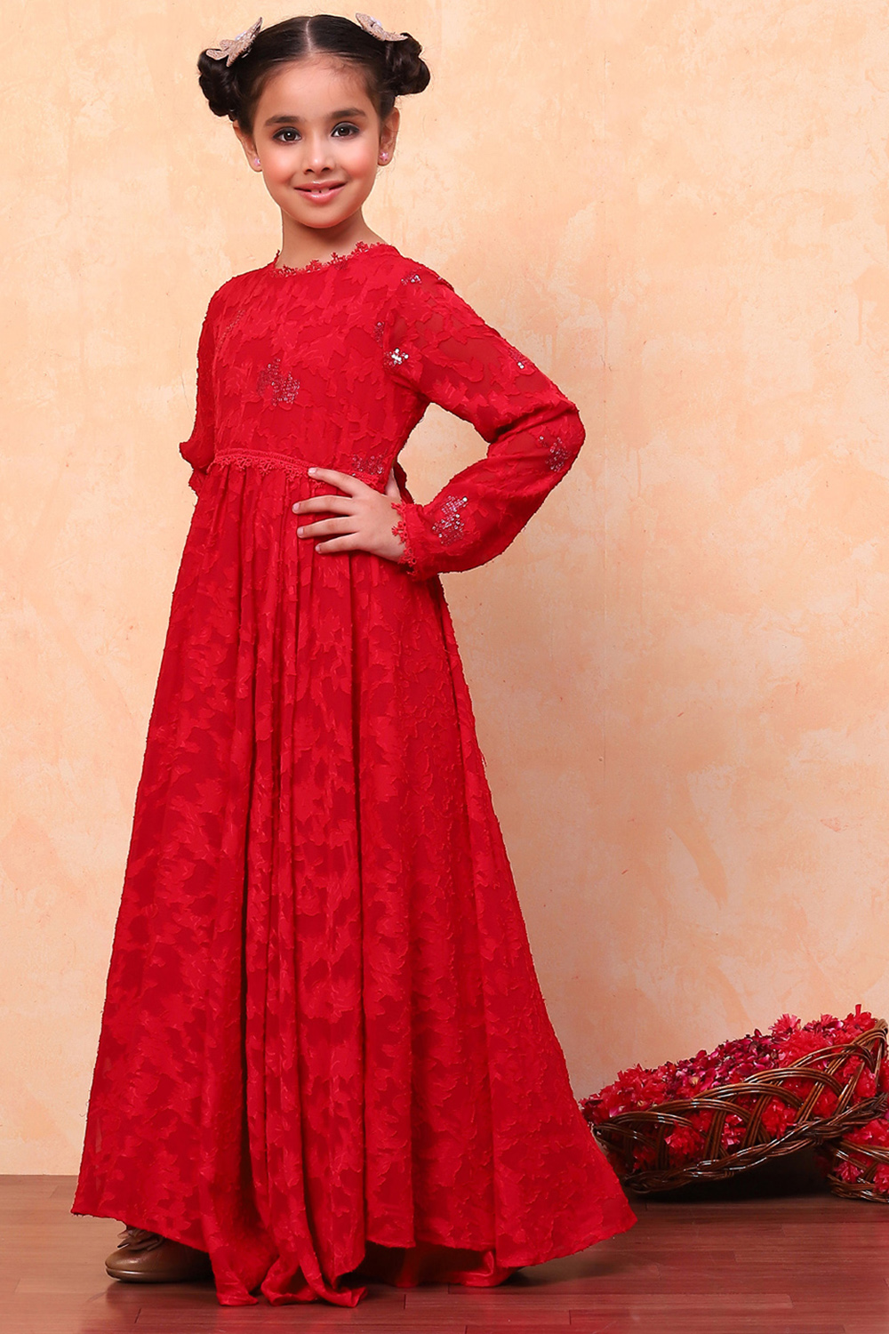 Red Jacquard Floral Self-Design Gathered Festive Gown image number 4