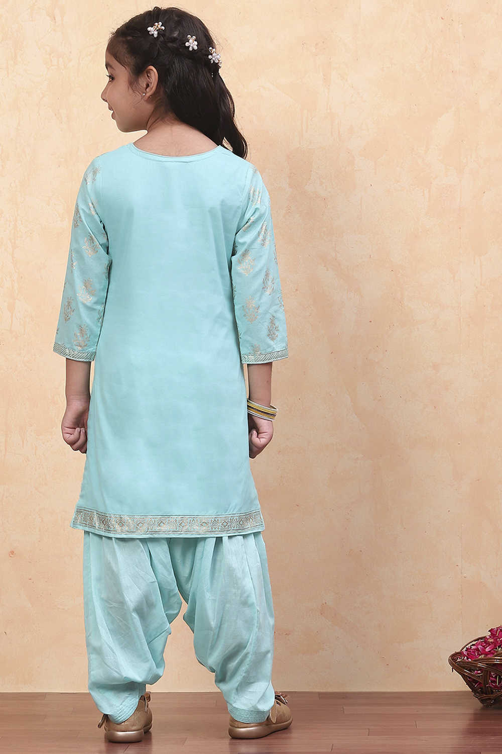 Turquoise Cotton Straight Printed Kurta Patiala Salwar Suit Set image number 4