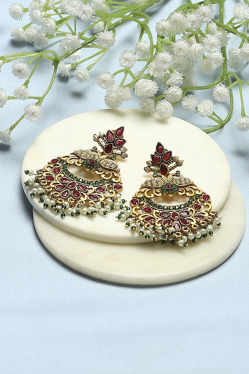 Red Gold-Plated Stone Studded Temple Danglers image number 0