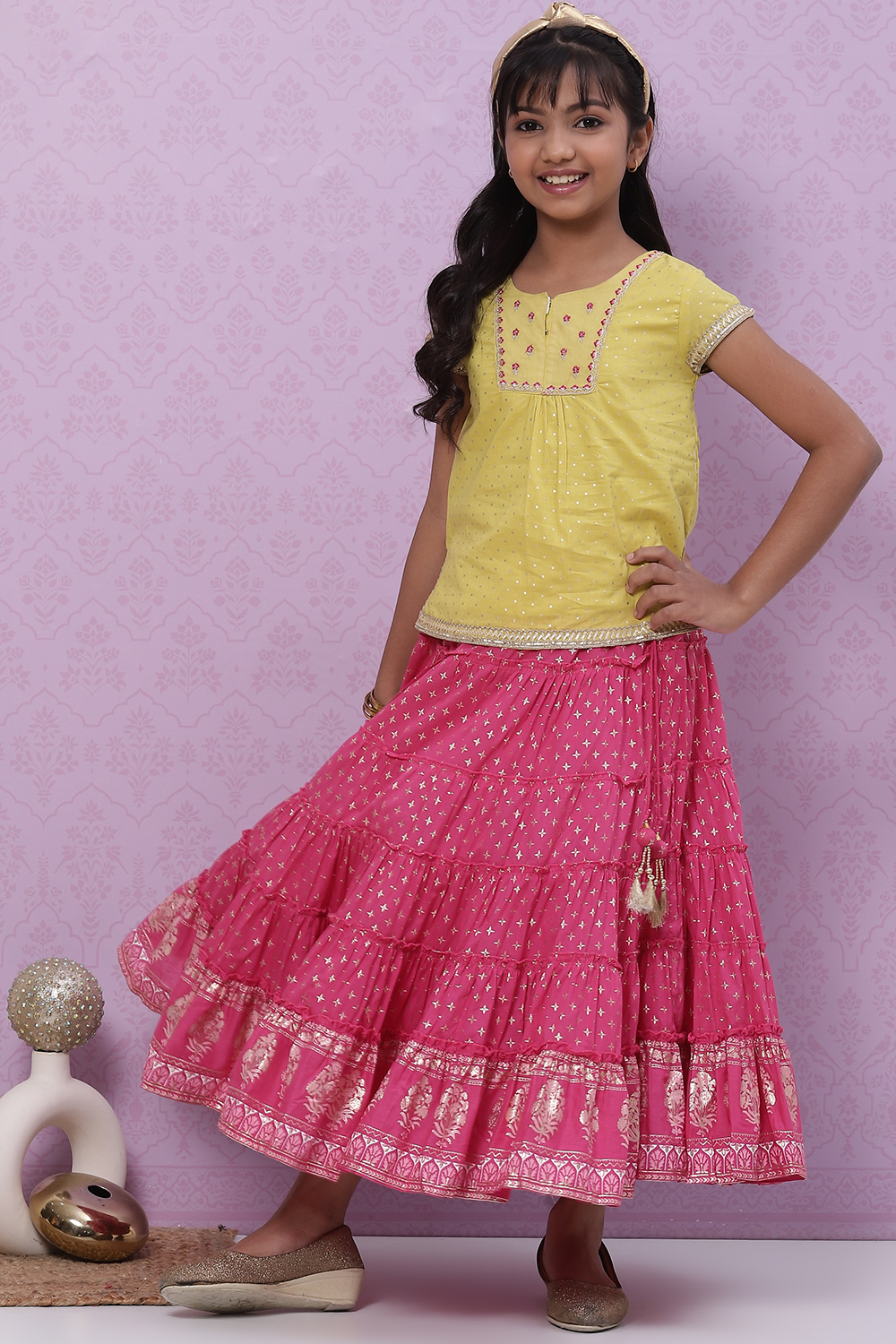 Lime Green And Pink Cotton Straight Kurta Skirt Suit Set image number 5