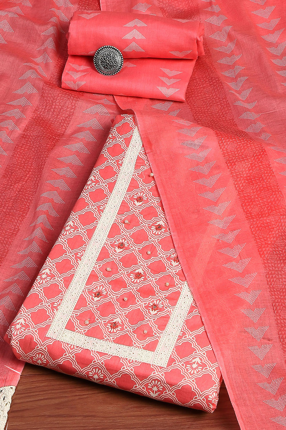 Pink Cotton Hand Block Print Unstitched Suit Set image number 0