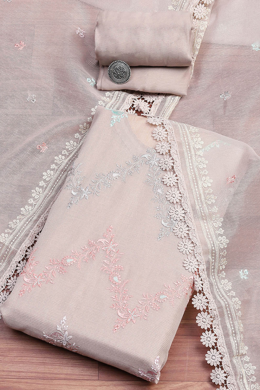 Peach-Coloured Floral Embroidered Unstitched Suit Set image number 0