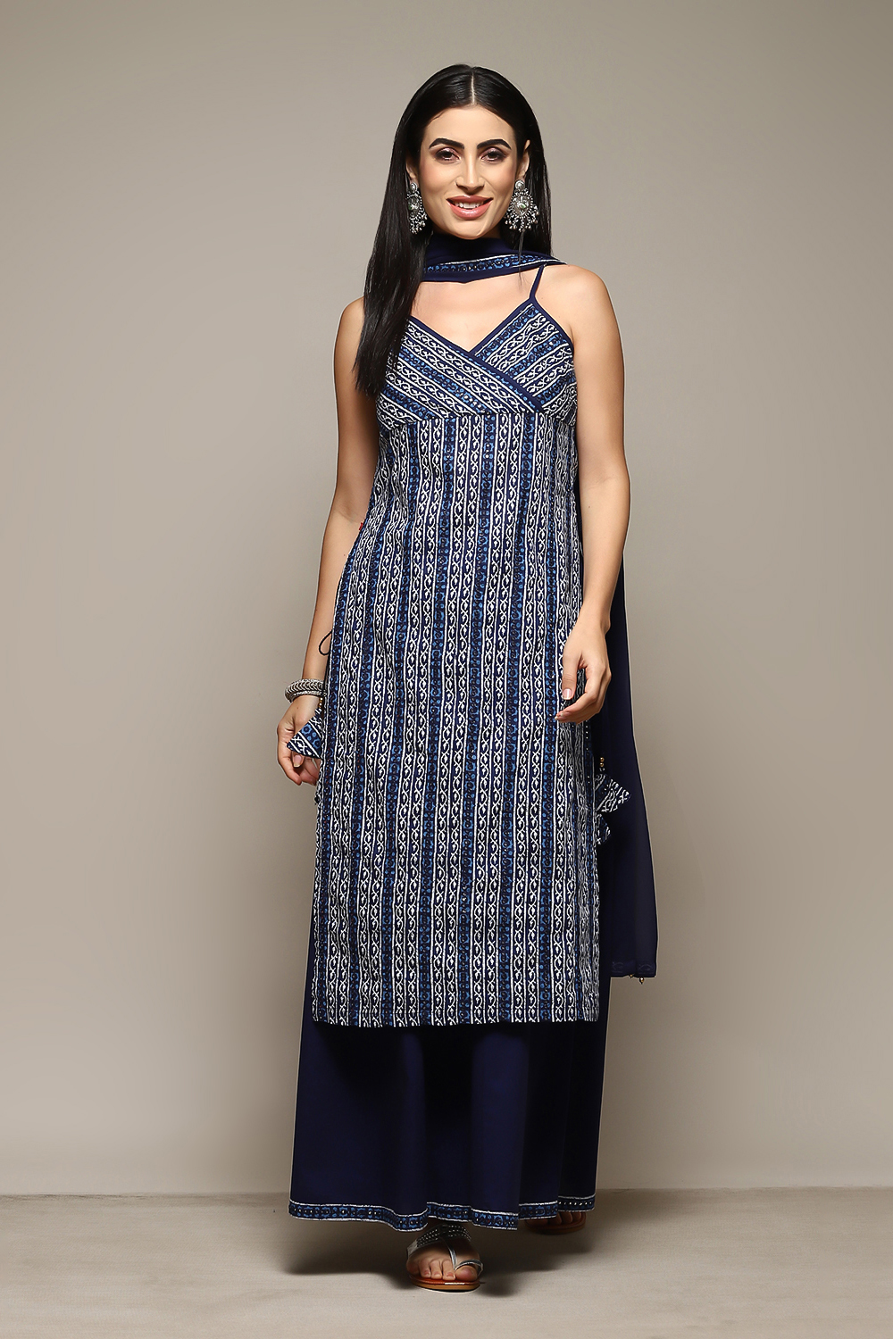 Indigo Cotton Straight Printed Kurta Sharara Suit Set image number 7