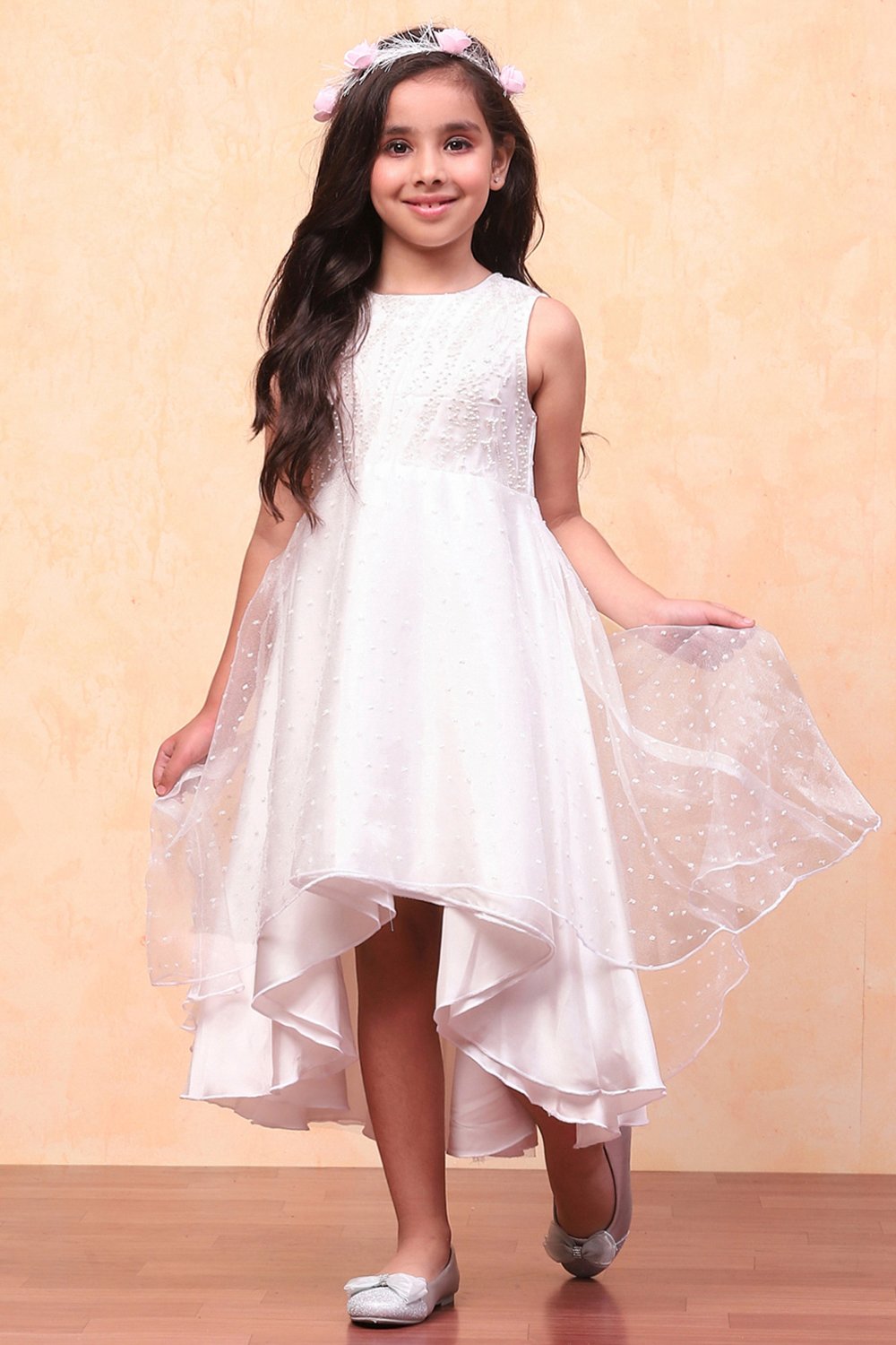 White Organza Embellished Asymmetric Flared Dress image number 0