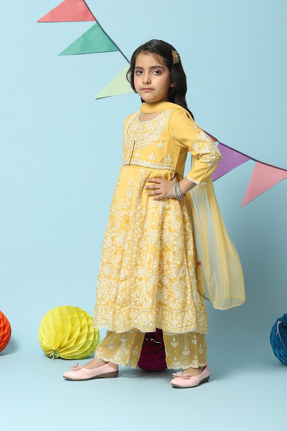 Yellow Cotton Blend Kalidar Kurta Straight Palazzo Suit Set