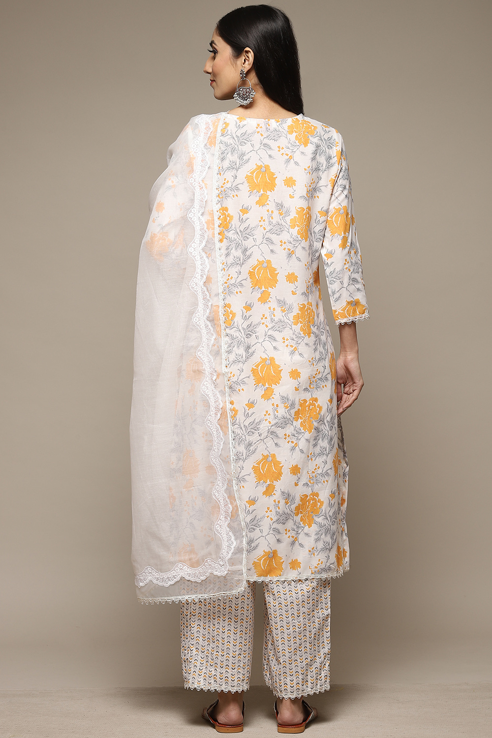 Ivory Cotton Straight Kurta Palazzo Suit Set image number 4