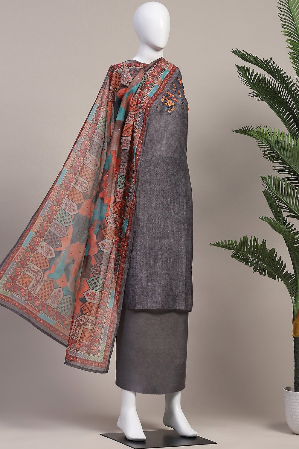 Grey Chanderi Hand Embroidered Unstitched Suit Set image number 4