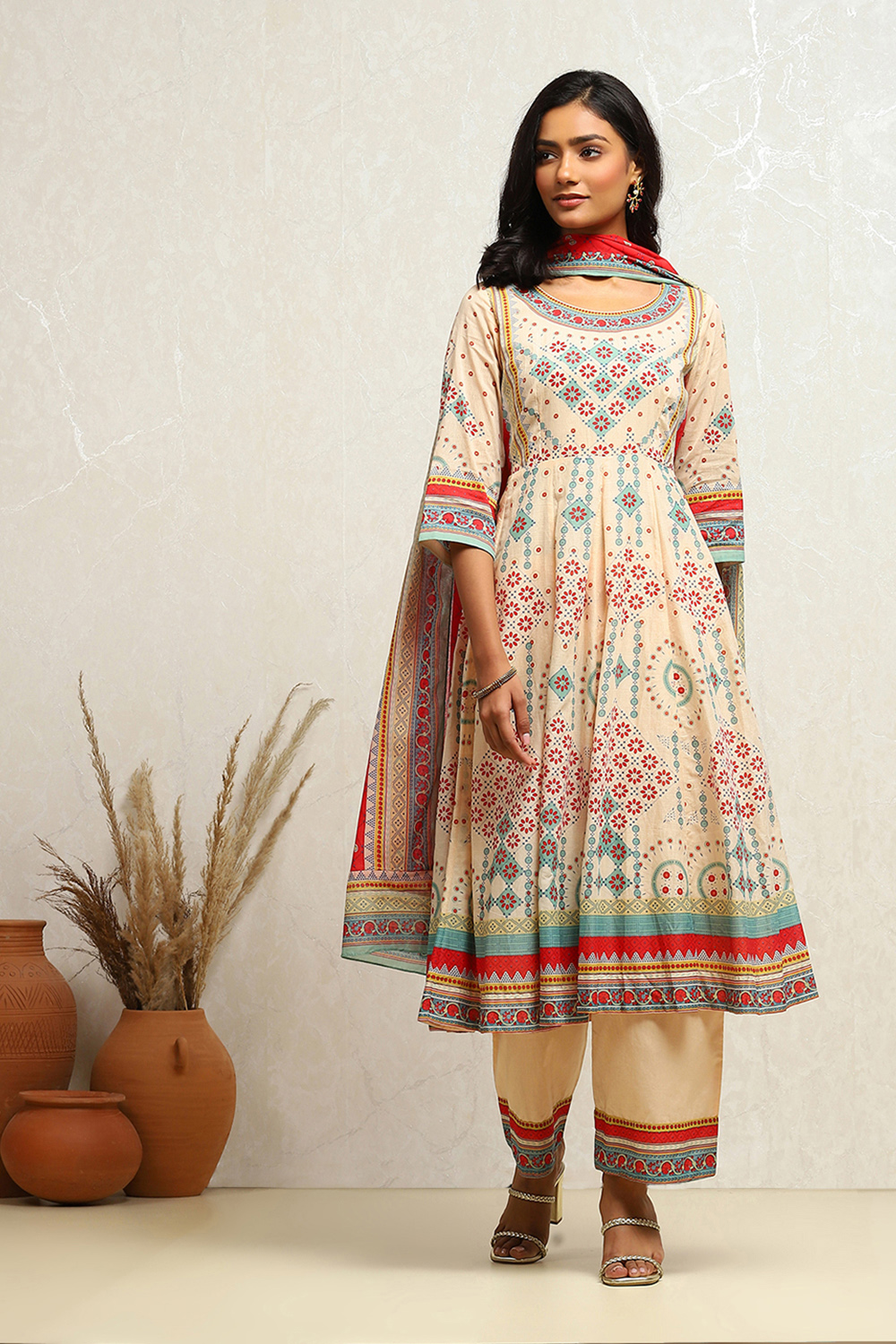 Turquoise Cotton Geometric Printed Anarkali Suit Set image number 0