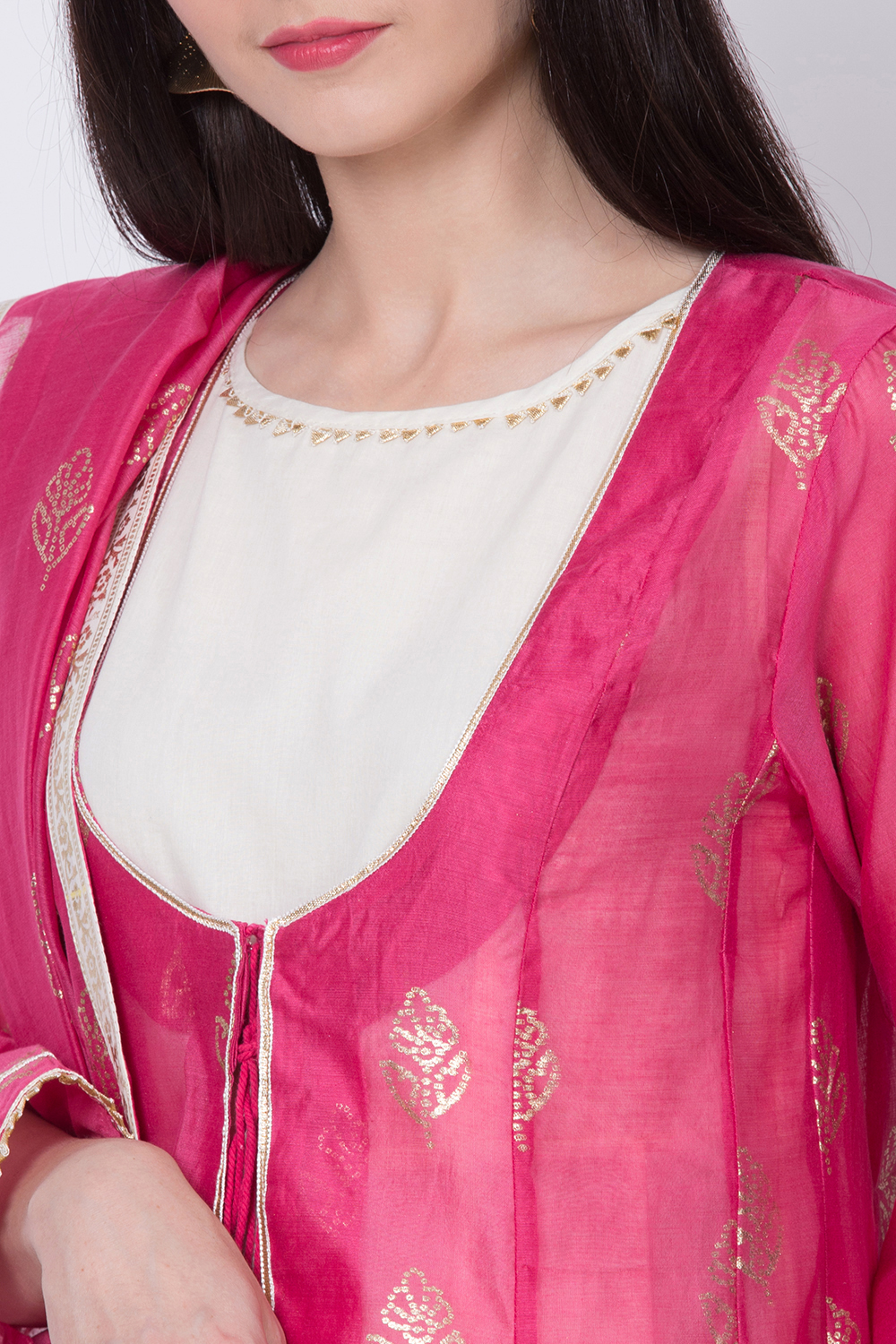 Pink Poly Cotton Front Open Kurta Churidar Suit Set image number 1