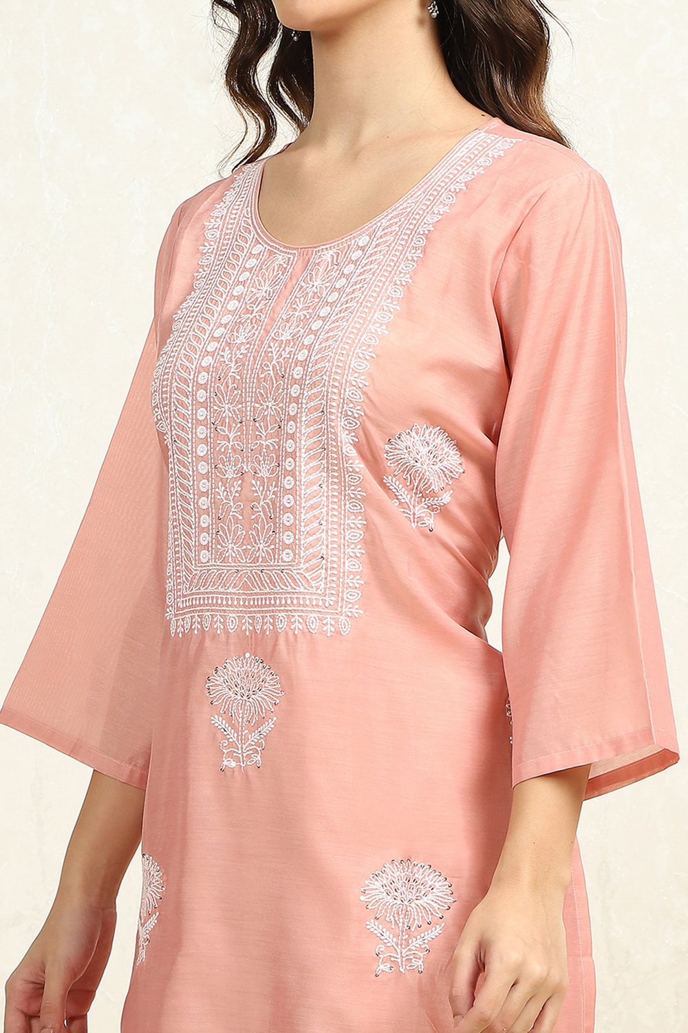 Peach Chanderi Machine Embroidered Unstitched Suit Set image number 2