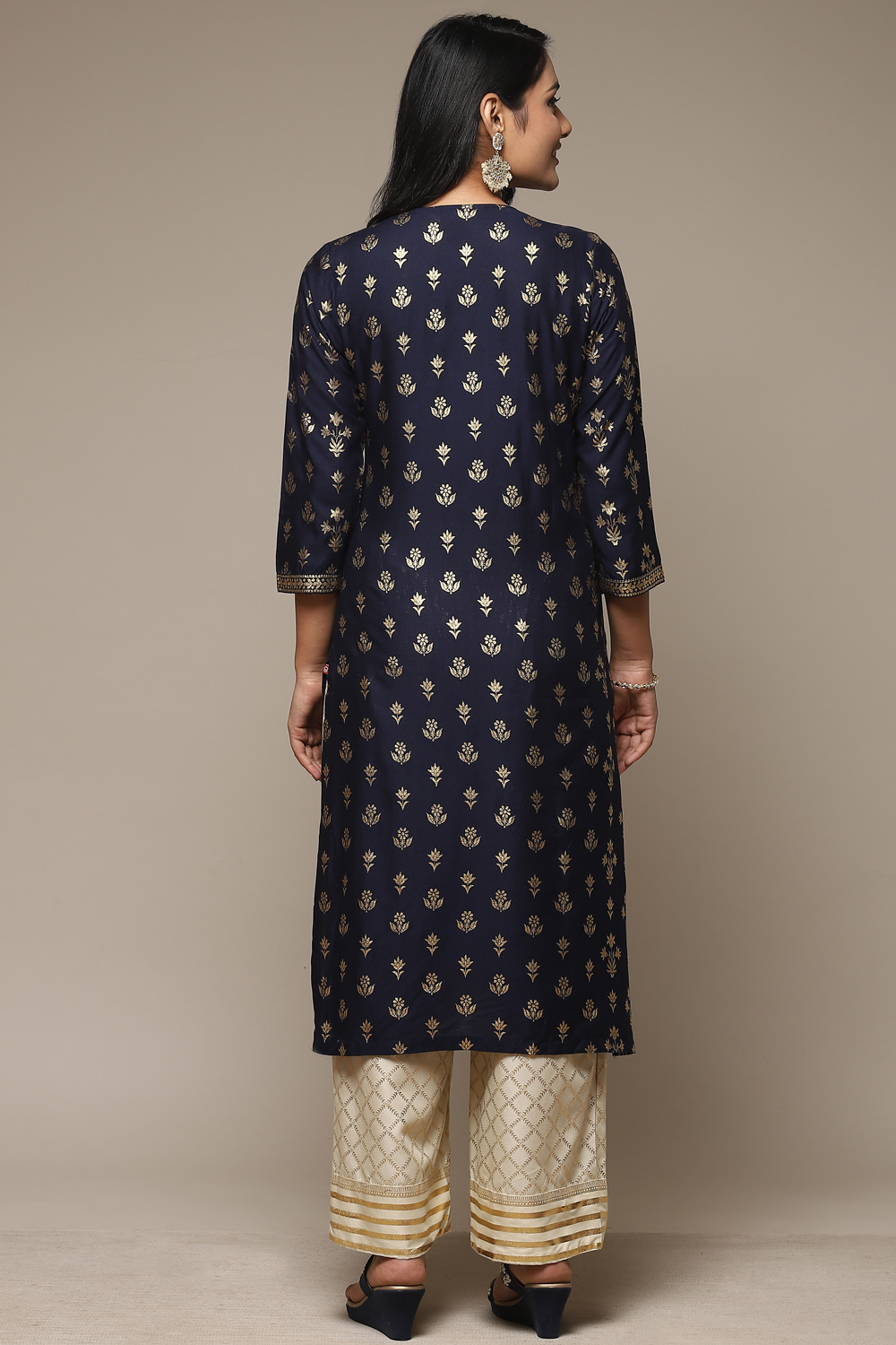 Navy Blue Rayon Straight Kurta Palazzo Suit Set image number 4