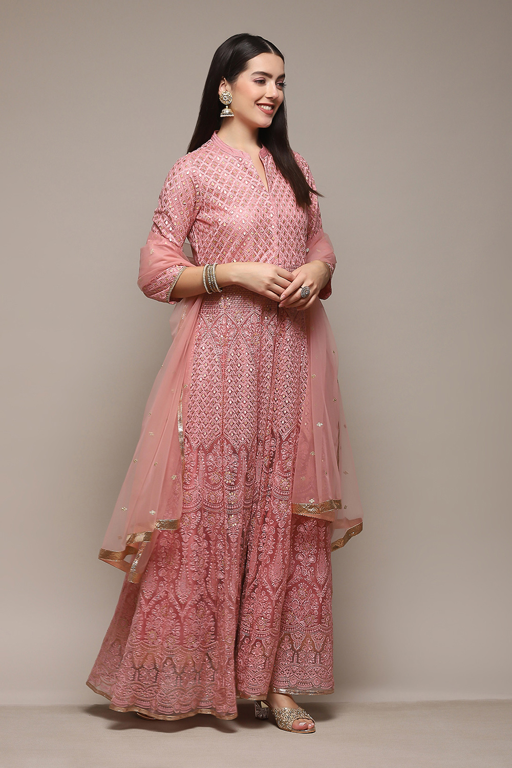 Dusky Pink Polyester Front Open Kurta Lehenga Set image number 6