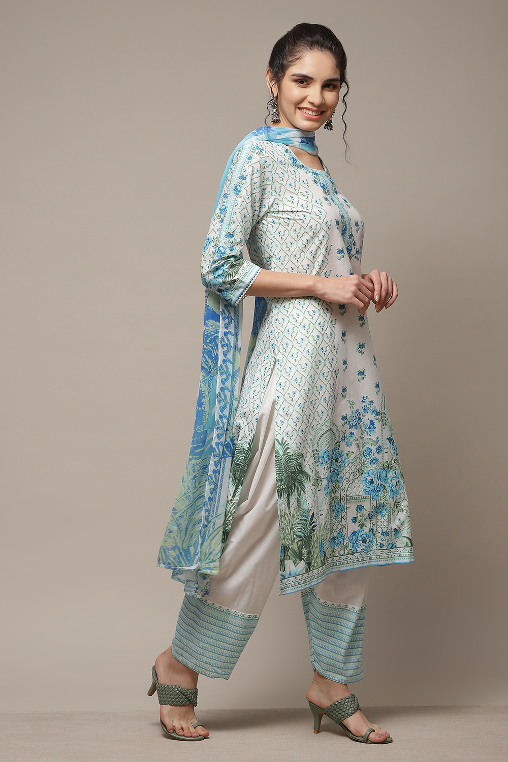 White & Blue Cotton Straight Kurta Salwar Suit Set