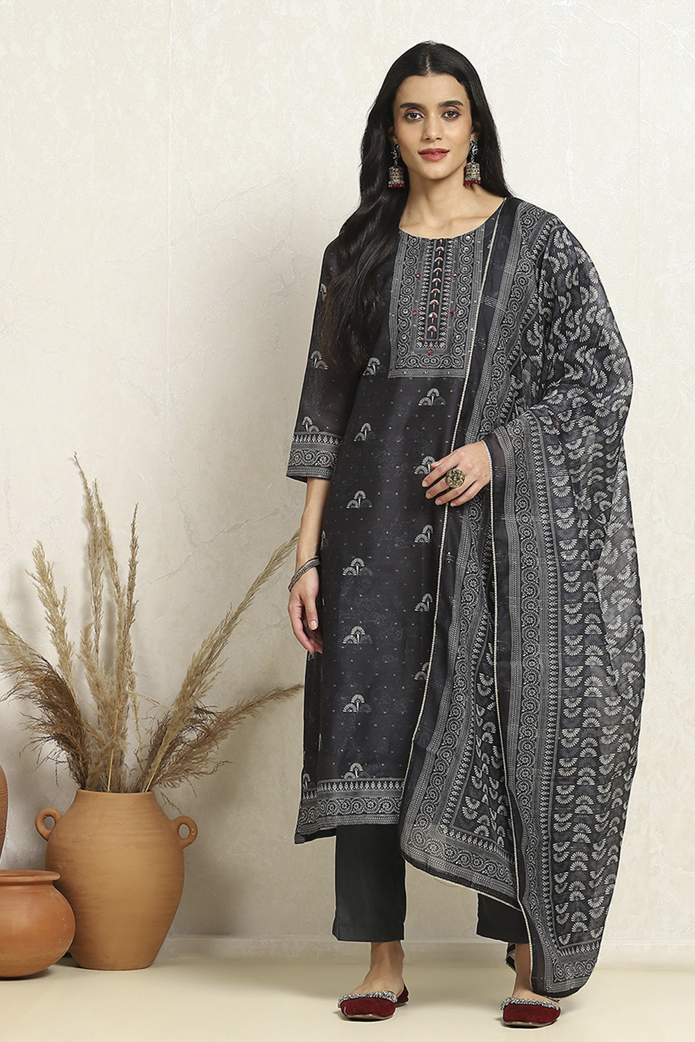 Blue Chanderi Geometric Printed Unstitched Suit Set image number 1