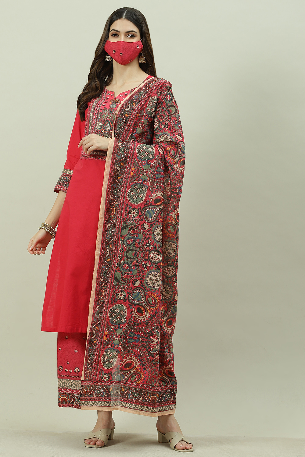 Red Cotton Straight Kurta Palazzo Suit Set image number 8