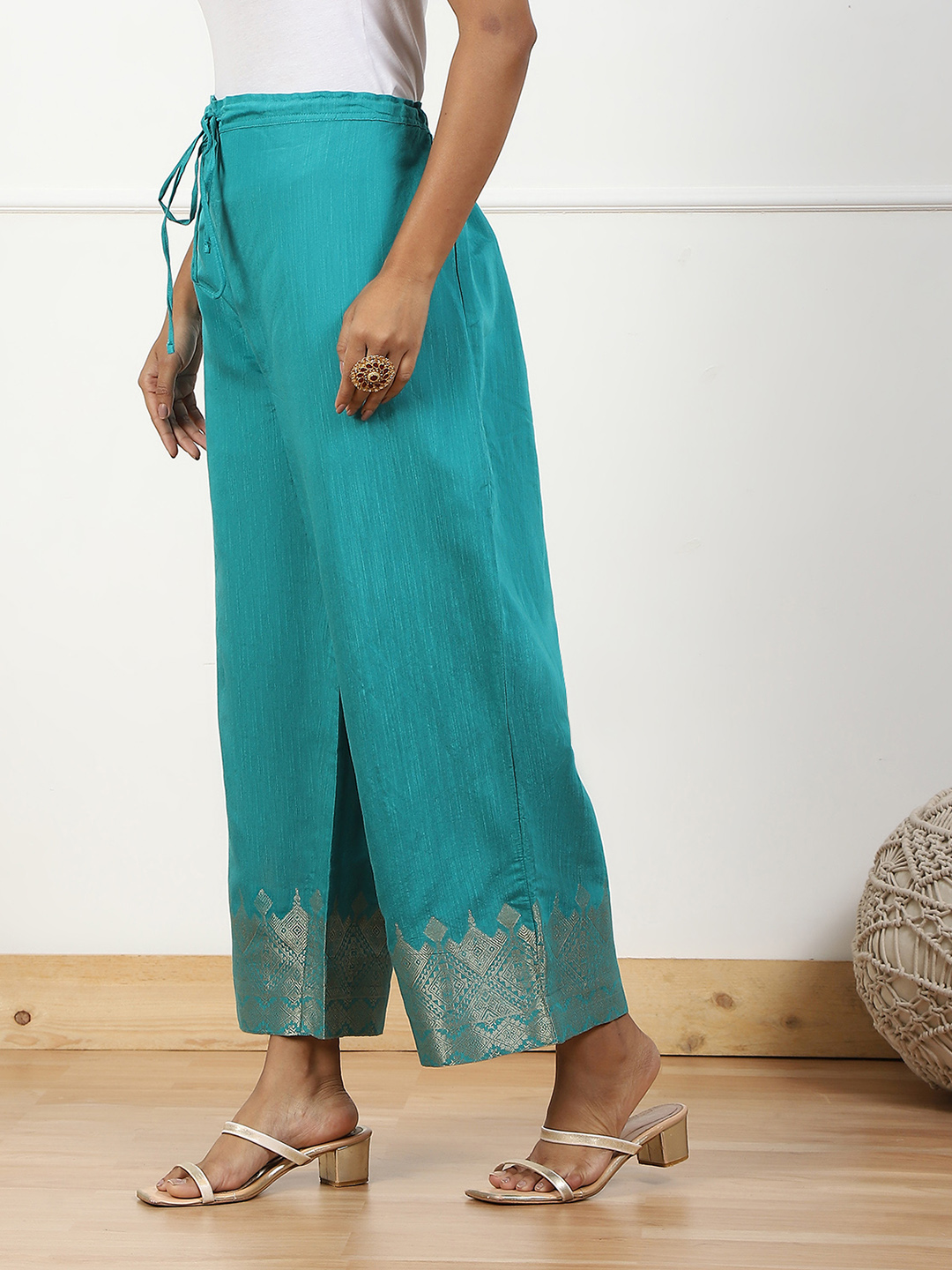 Blue Jacquard Palazzo Pants image number 2