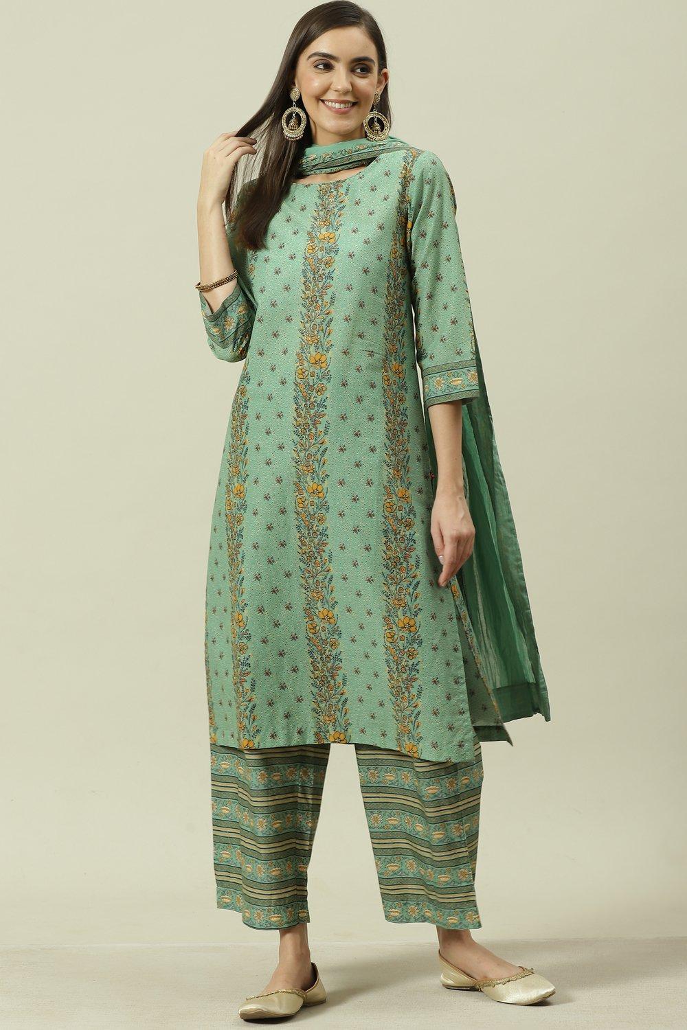 Sage Green Printed Cotton Straight Suit Set image number 7