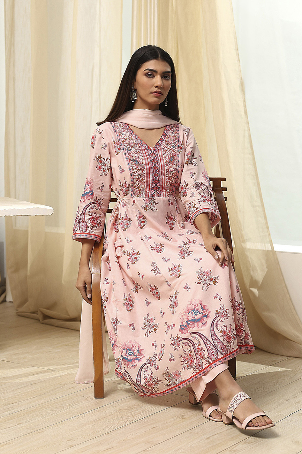 Peach-Colored Cotton Floral Flared Suit Set image number 0