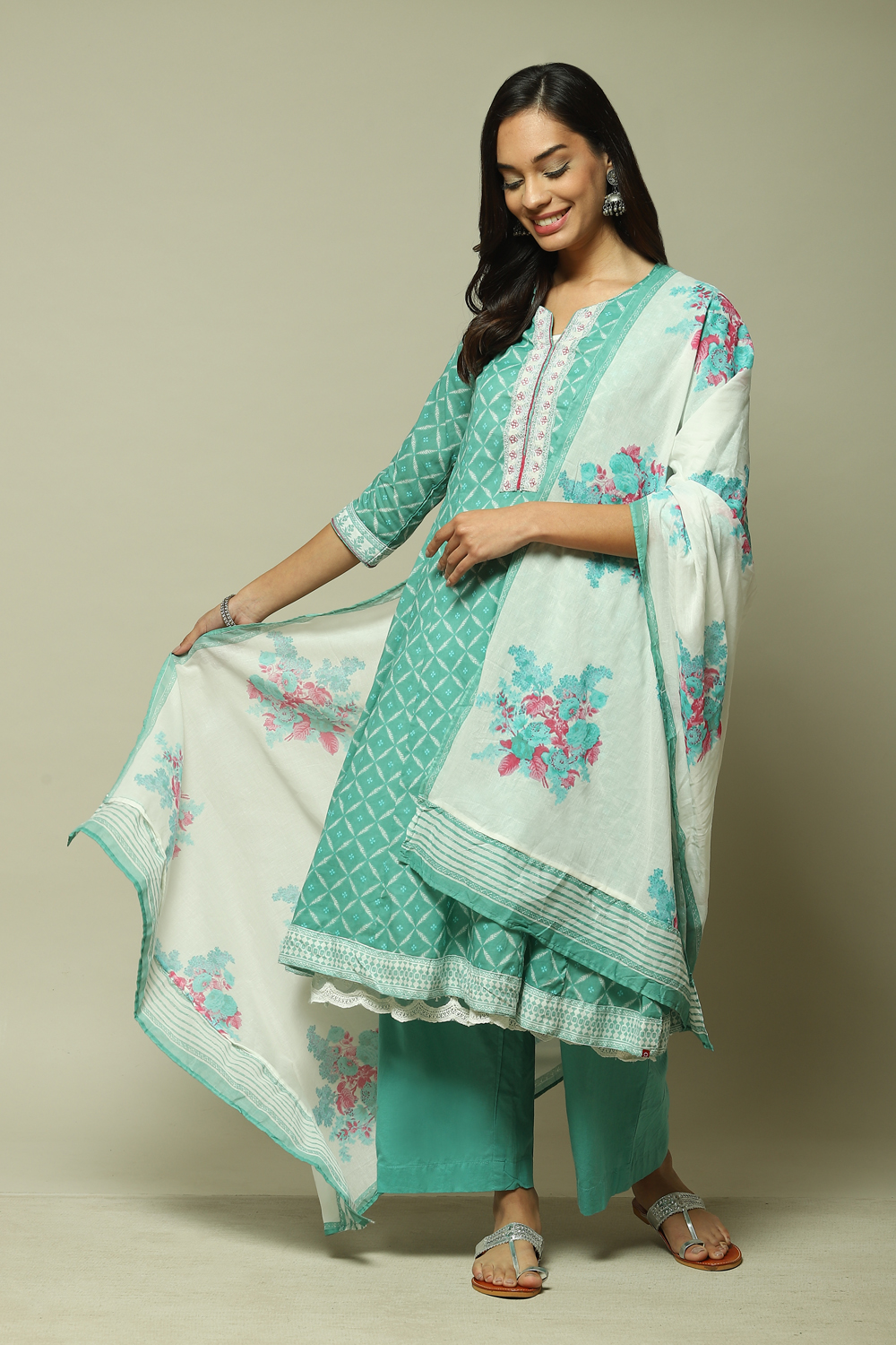 Turquoise Cotton Anarkali Kurta Palazzo Suit Set image number 7