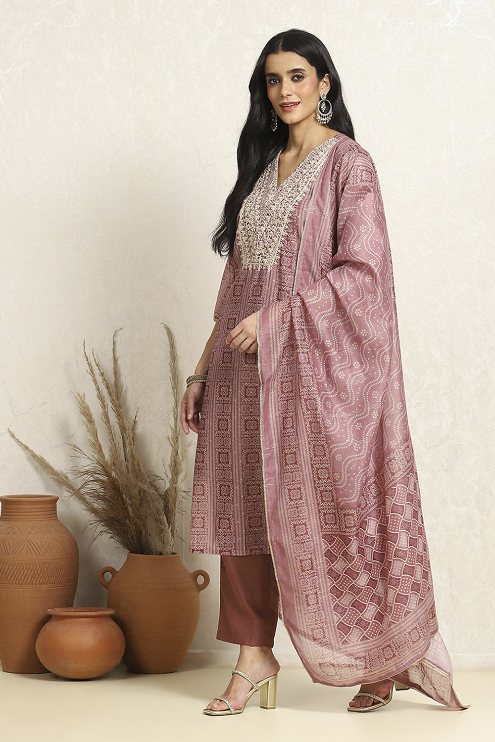 Pink Chanderi Bandhani Printed Unstitched Suit Set image number 4