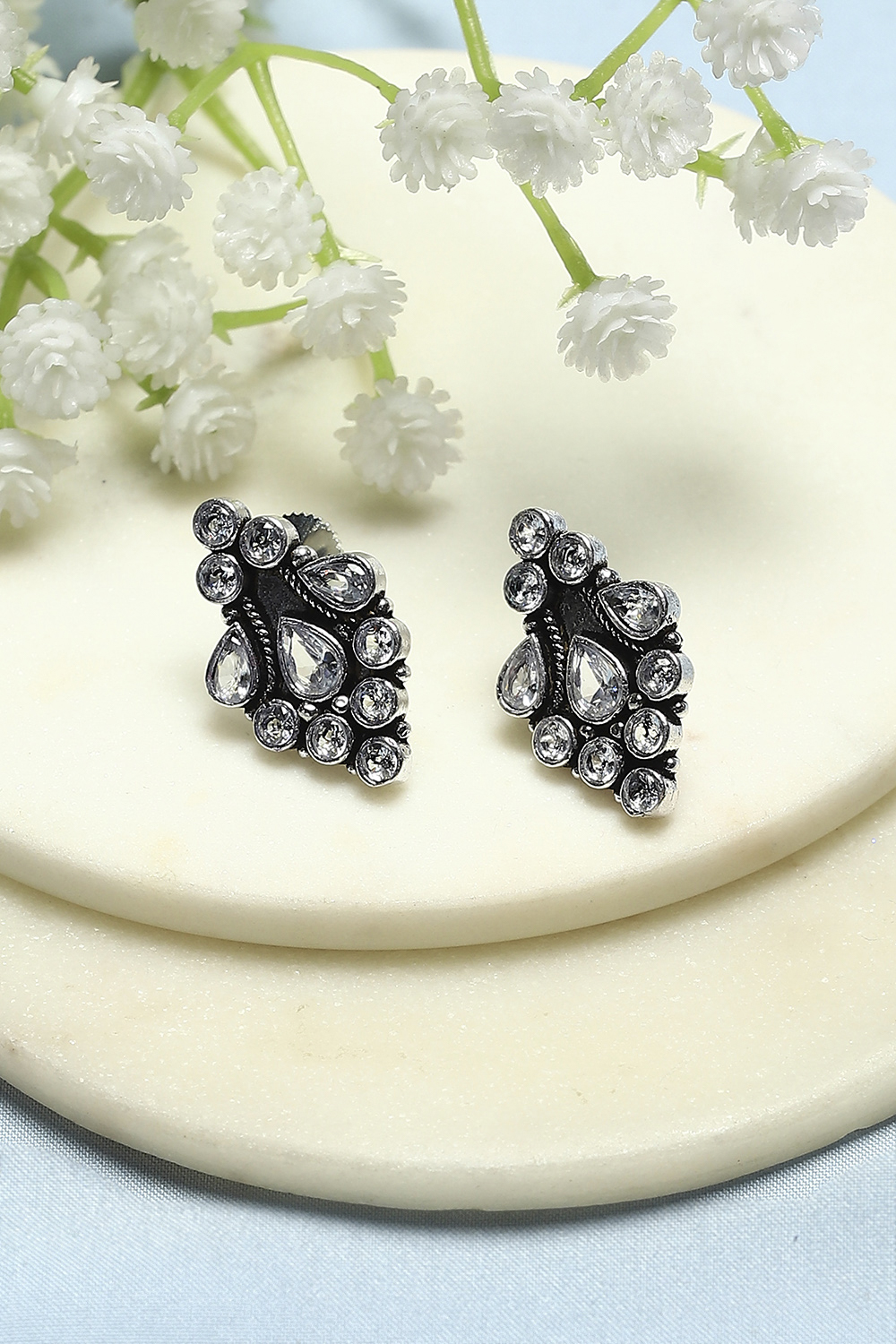 White Oxidised Stone Studded Studs image number 0