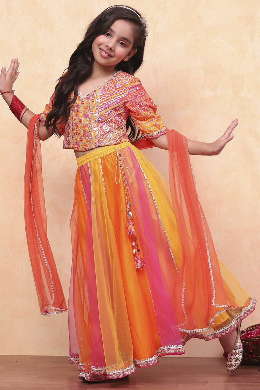 Yellow and Pink Embellished Festive Flared Lehenga Set image number 0